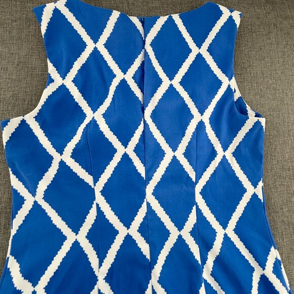 ALYX Sheath Dress Geometric Blue & White Sleeveless Boat Neck Size 8 Work Office - Picture 10 of 14